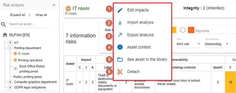 Contextual Menu of Asset