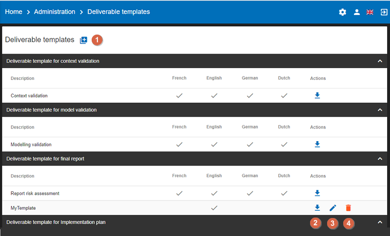 Deliverable templates screen