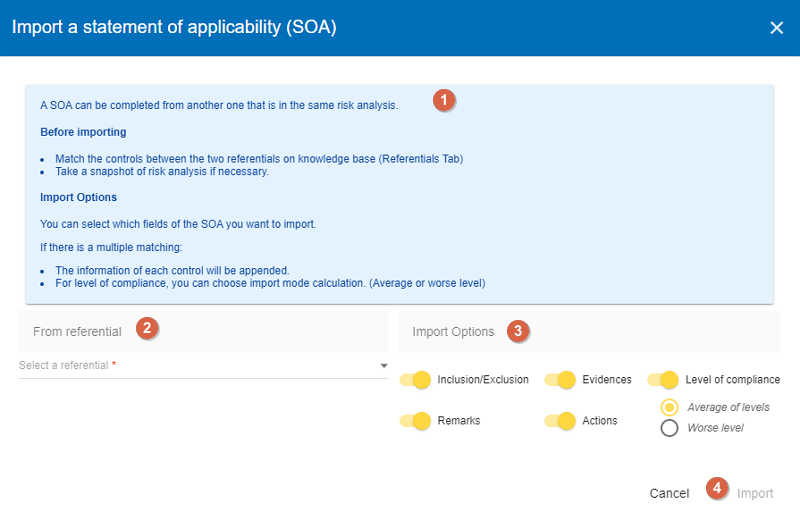 Import a statement of applicability screen